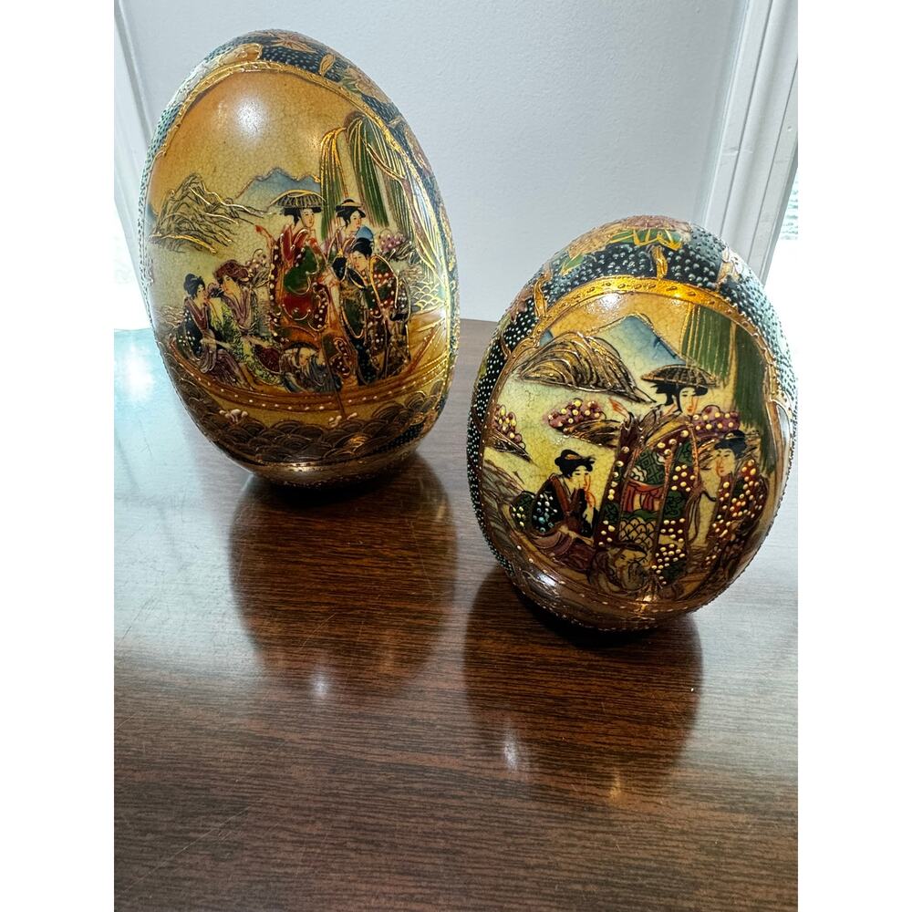 Pair of Satsuma-Style Moriage Eggs – Hand Painted Oriental Decor